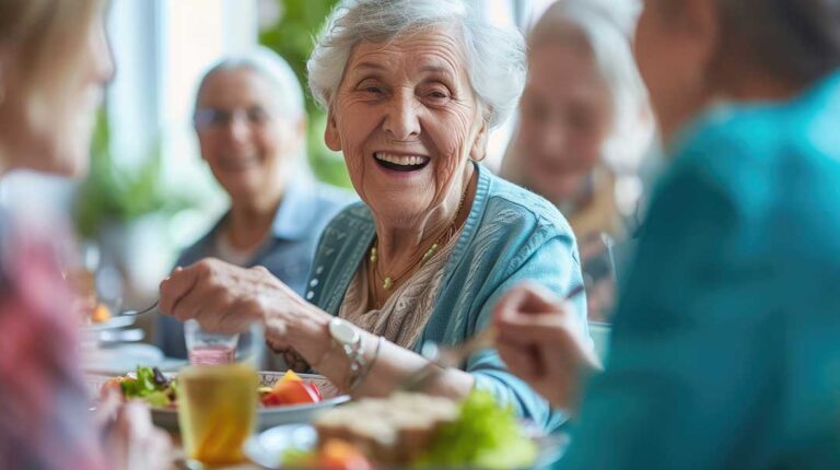 Older adults gardening with raised beds surrounded by leafy trees and blooming flowers in a residential courtyard.