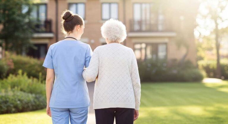 Older adult and family member reviewing an assisted living contract, calculator, receipts, and fee worksheet at a table.
